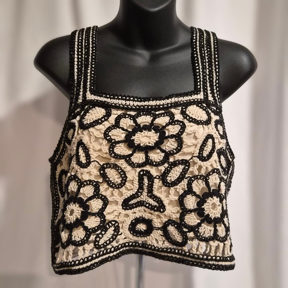 Rebellion Again Floral Crochet Crop Top M Black Cream Boho Whimsigoth Festival